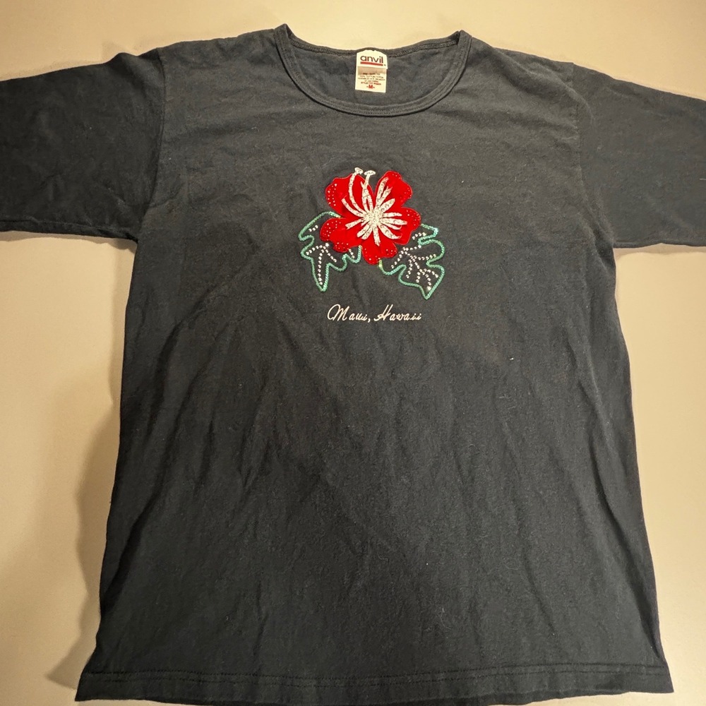 Maui Hawaii Hibiscus Rhinestone T Shirt Womens M Black Floral Tourist Tee